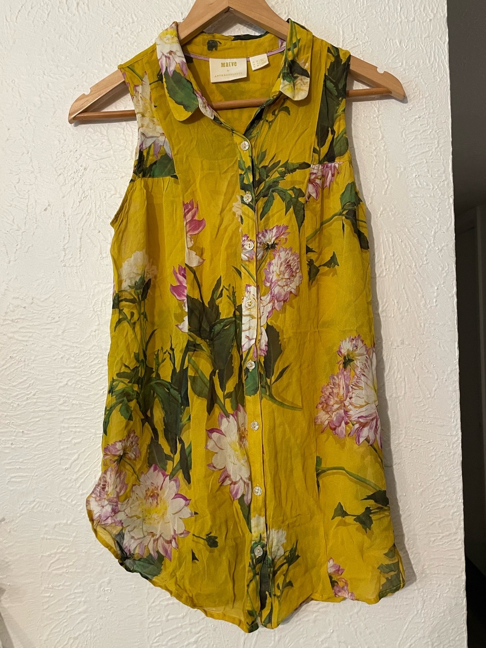 Anthropologie Mustard Yellow Floral Duchess Sleeveless Buttondown Top Size 6 - Picture 3 of 7